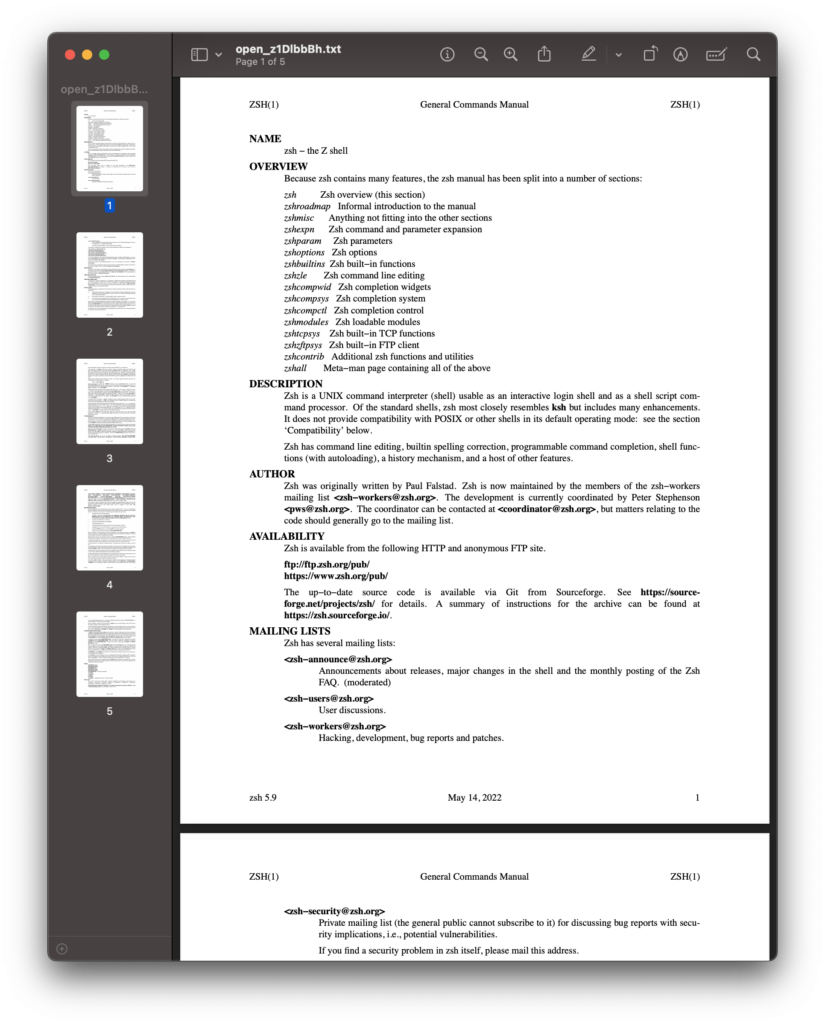 Man page for ZSH opened in Preview as a PDF