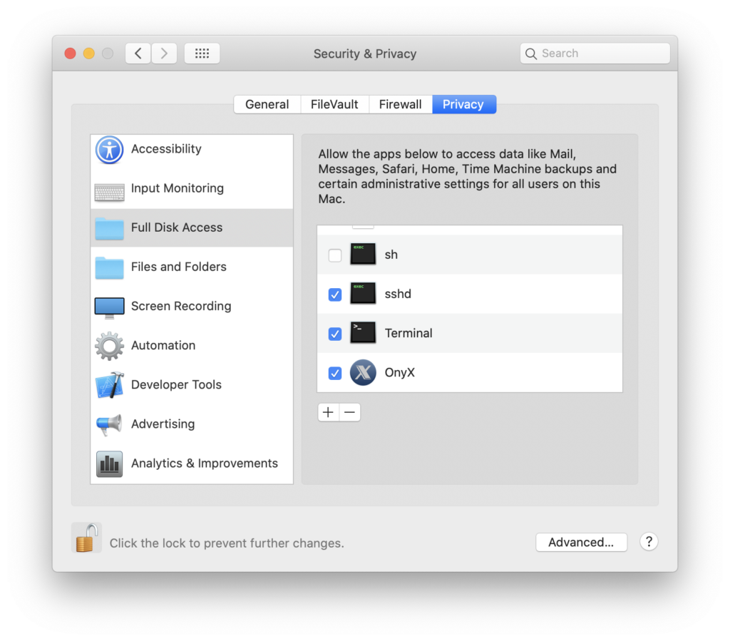 Terminal added to Full Disk Access and ticked.